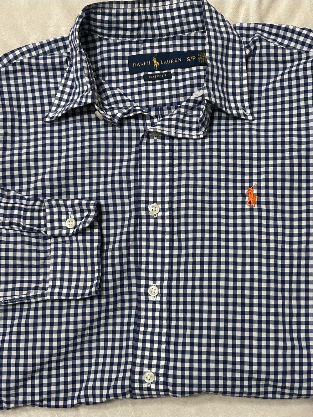 Polo Ralph Lauren Shirt Mens Small S Classic Fit Blue Gingham Cotton L/S Orange